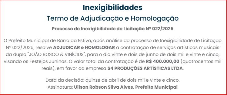 Com valor de R$ 400 Mil, João Bosco e Vinícius também é atração confirmada nos festejos de Barra da Estiva