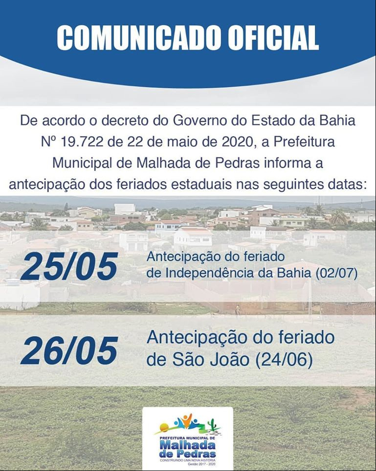 Prefeitura de Malhada de Pedras informa sobre antecipação de feriados 